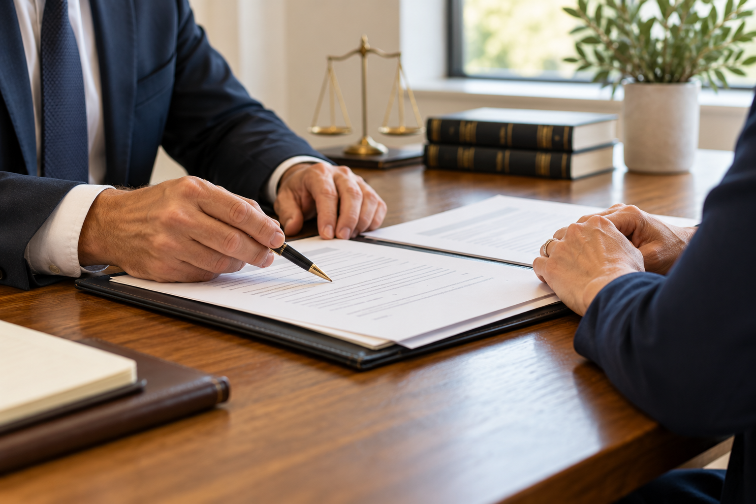Two people reviewing documents at an office desk