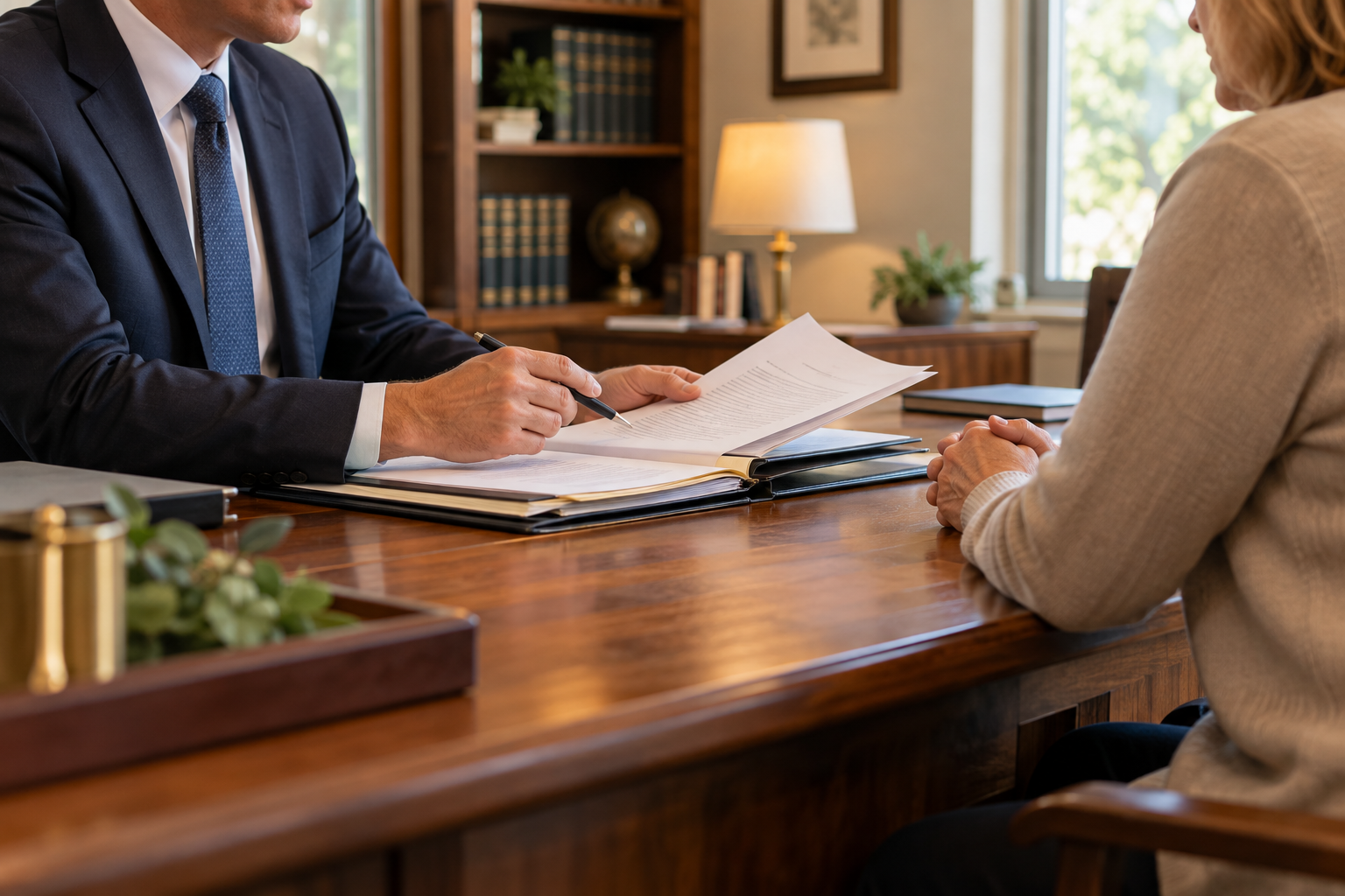 Two people discussing documents across an office desk