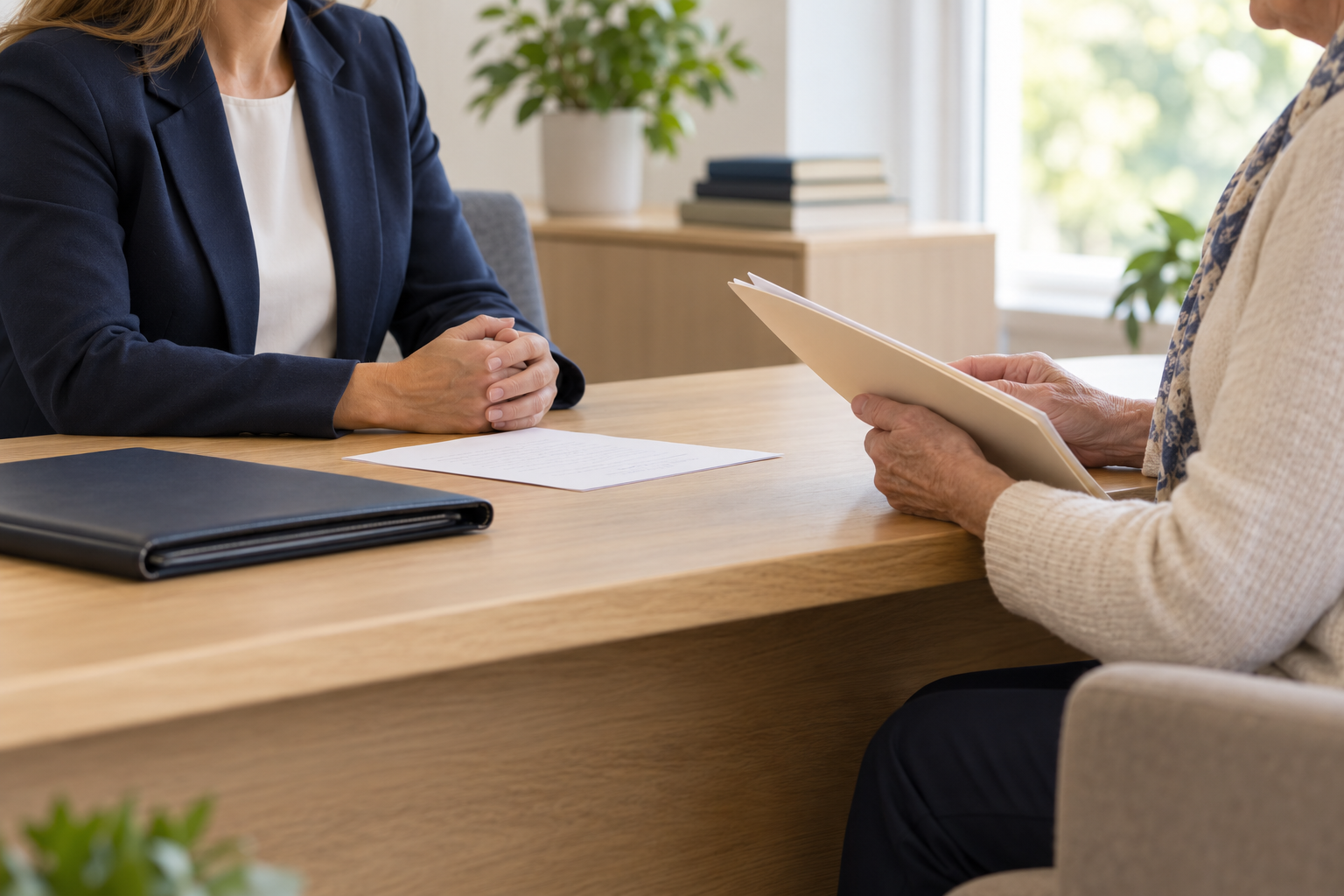 Two people discussing paperwork across a desk